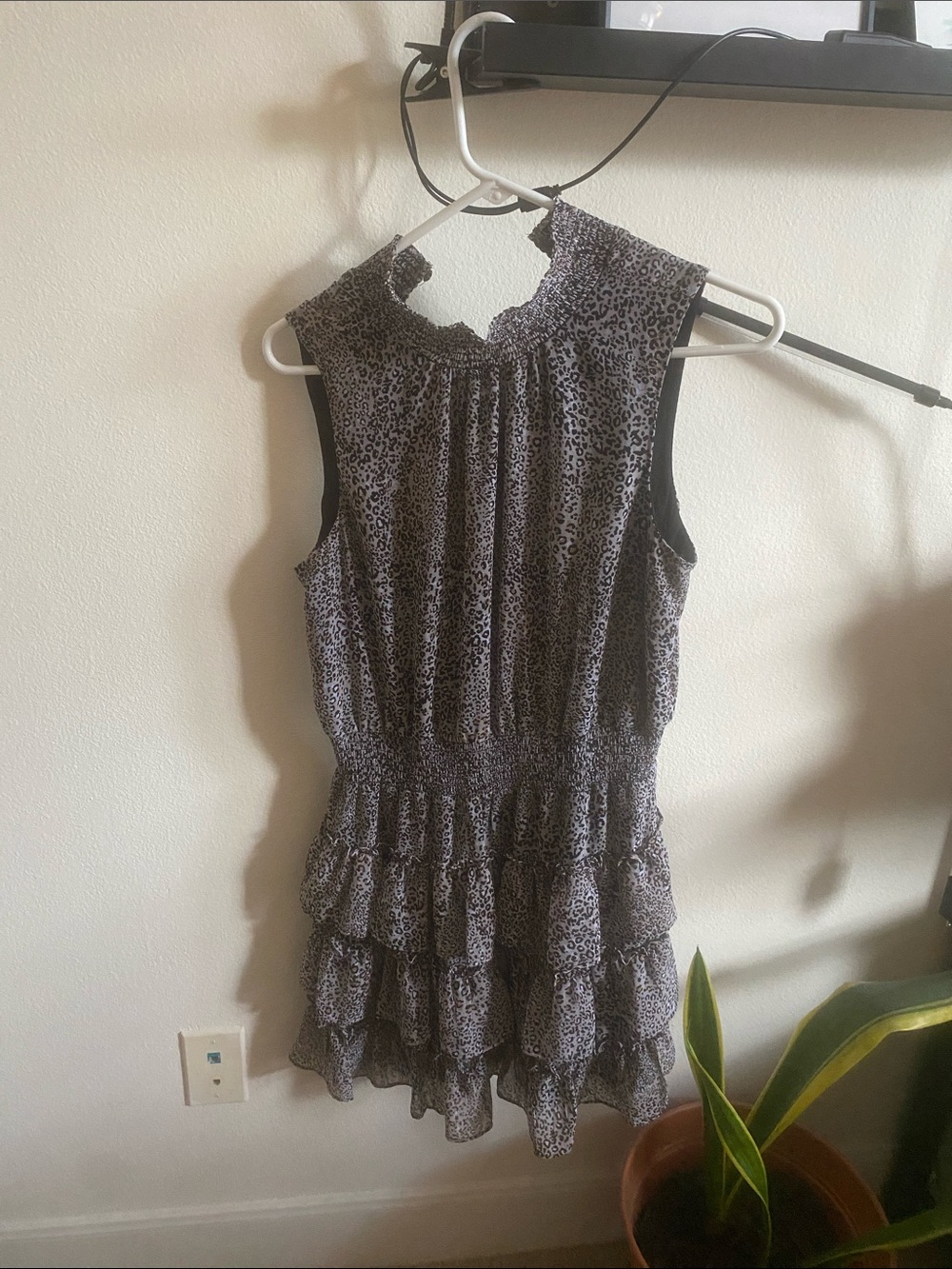 Smocked Ruffle Tiered Sleeveless Leopard Mini Dress - Black/Grey/brown